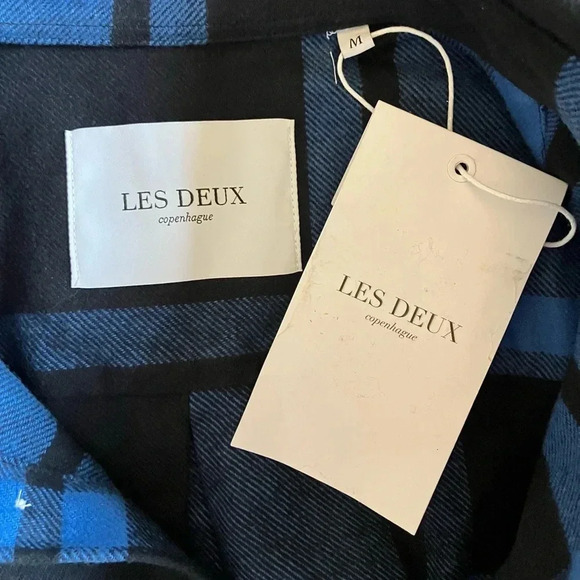NWT LES DEUX Jeremy Plaid Flannel Button-Up Shirt in Black/Paris Blue Medium - Picture 6 of 8
